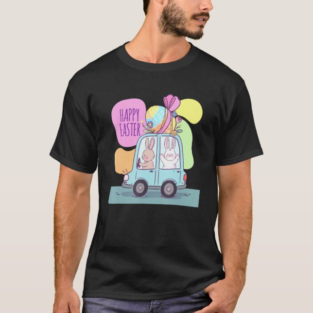 Cute Easter Day Bunny Eggs Car Happy Easter Mens W T-Shirt (Front)