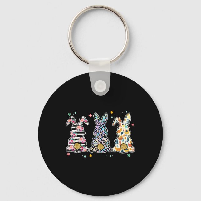 Cute Easter Day Leopard Bunny Floral Happy Easter  Key Ring (Front)