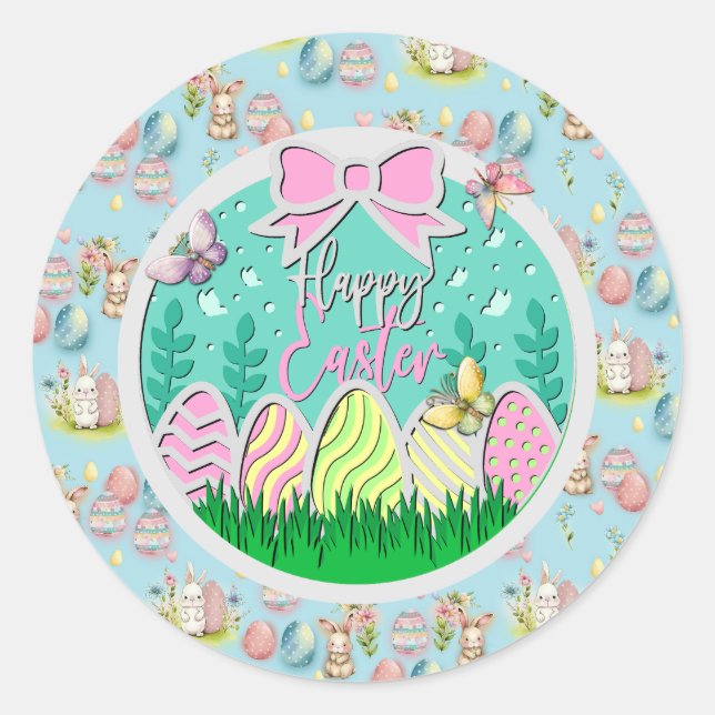 Cute Easter Egg Hunt and Colourful Butterflies Classic Round Sticker (Front)