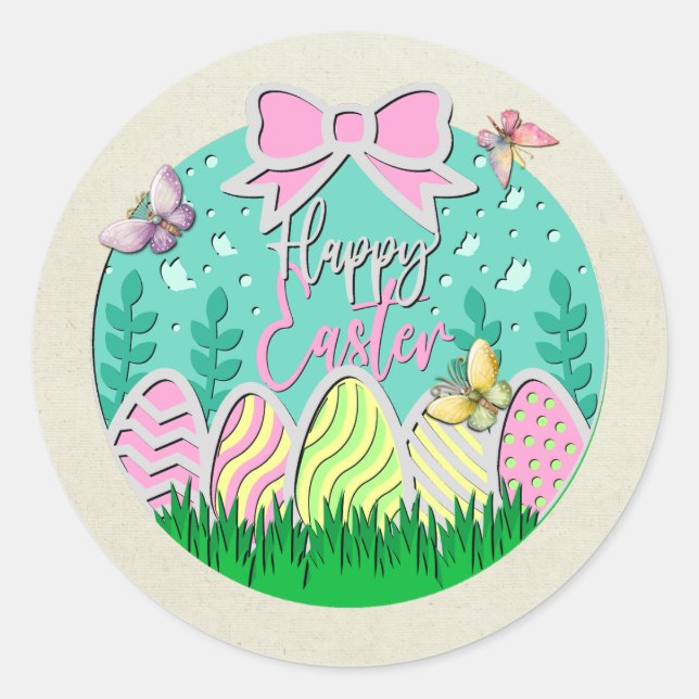 Cute Easter Egg Hunt and Colourful Butterflies Classic Round Sticker (Front)