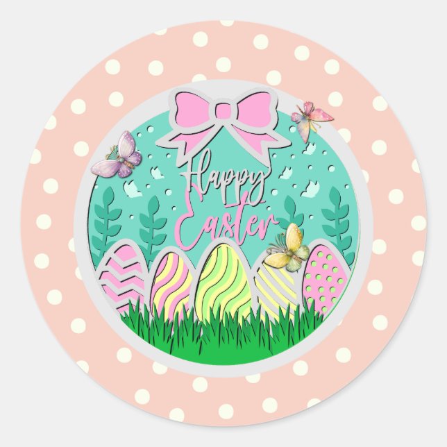 Cute Easter Egg Hunt and Colourful Butterflies Classic Round Sticker (Front)