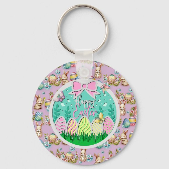 Cute Easter Egg Hunt and Colourful Butterflies Key Ring (Front)
