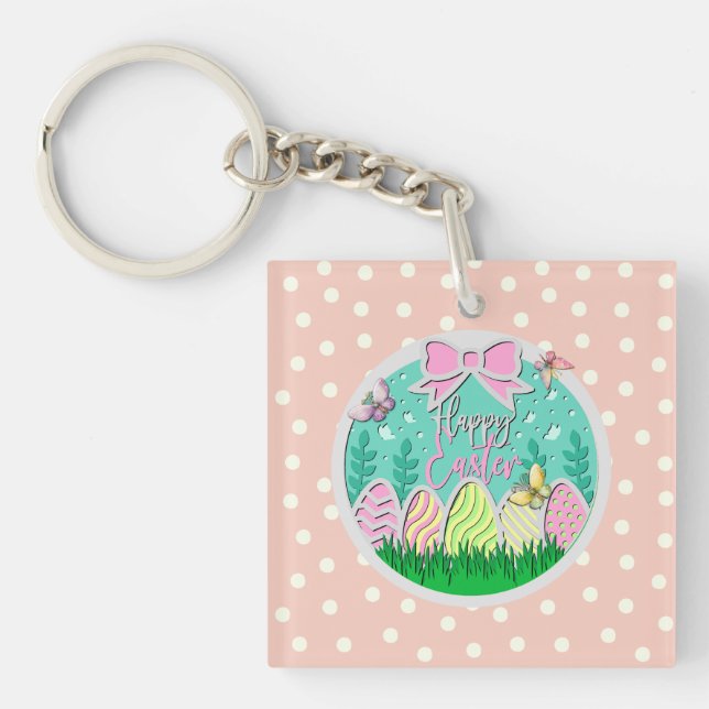 Cute Easter Egg Hunt and Colourful Butterflies Key Ring (Front)
