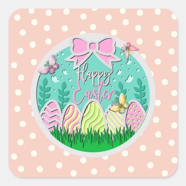 Cute Easter Egg Hunt and Colourful Butterflies Square Sticker (Front)