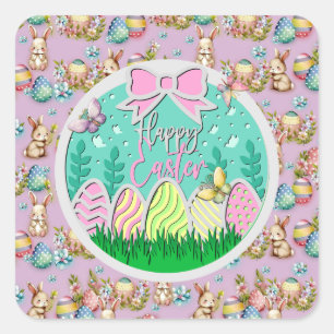 Cute Easter Egg Hunt and Colourful Butterflies Square Sticker