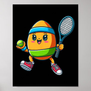 Cute Easter Egg Tennis Player Design Cartoon  Poster