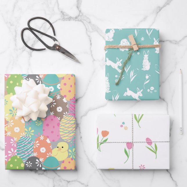 Cute Easter eggs and bunnies, spring tulips Wrapping Paper Sheet (Front)