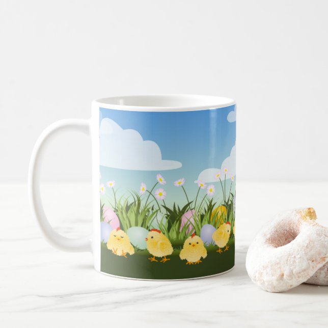 Cute Easter Eggs Baby Chicks And Flowers Scene Coffee Mug (With Donut)