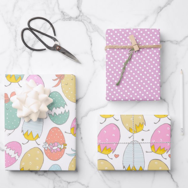 Cute Easter Eggs, Easter Chicks and Pink Polkadots Wrapping Paper Sheet (Front)