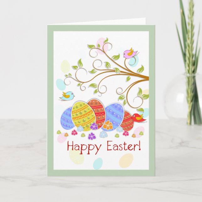 Cute Easter Eggs Frowners And Birds-happy Easter Holiday Card (Front)