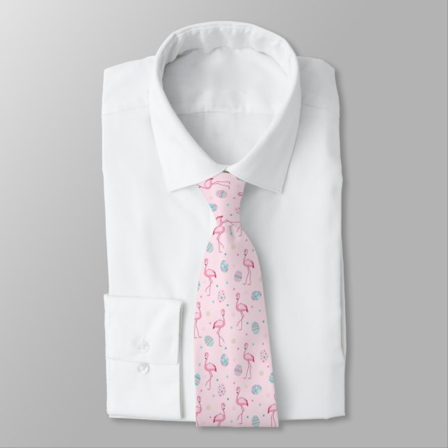 Cute Easter Flamingo and Painted Eggs Pattern Tie (Tied)