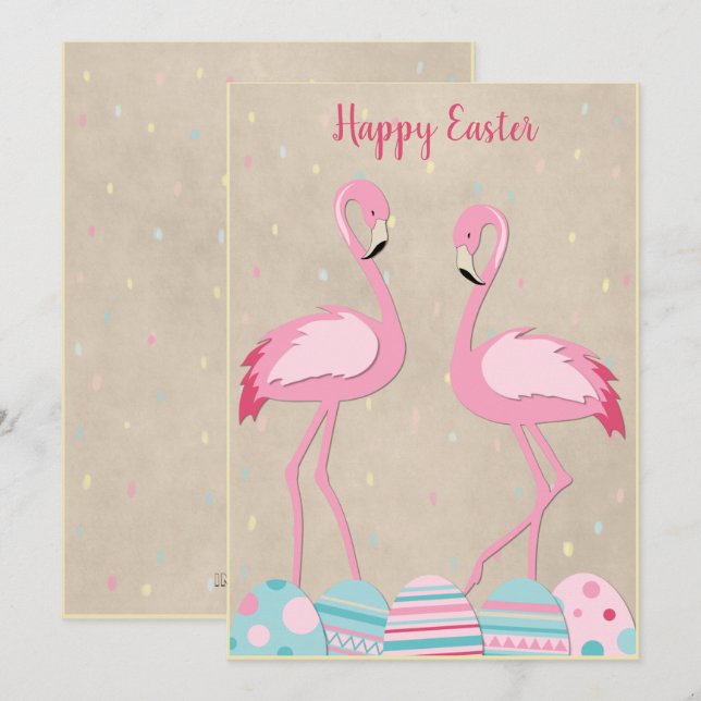 Cute Easter flamingo & painted eggs Holiday Card (Front/Back)