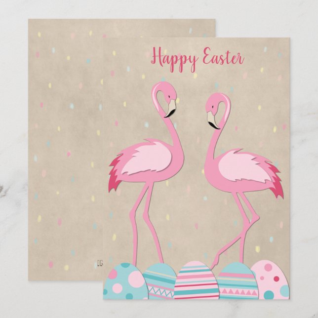 Cute Easter flamingo & painted eggs Holiday Card (Front/Back)