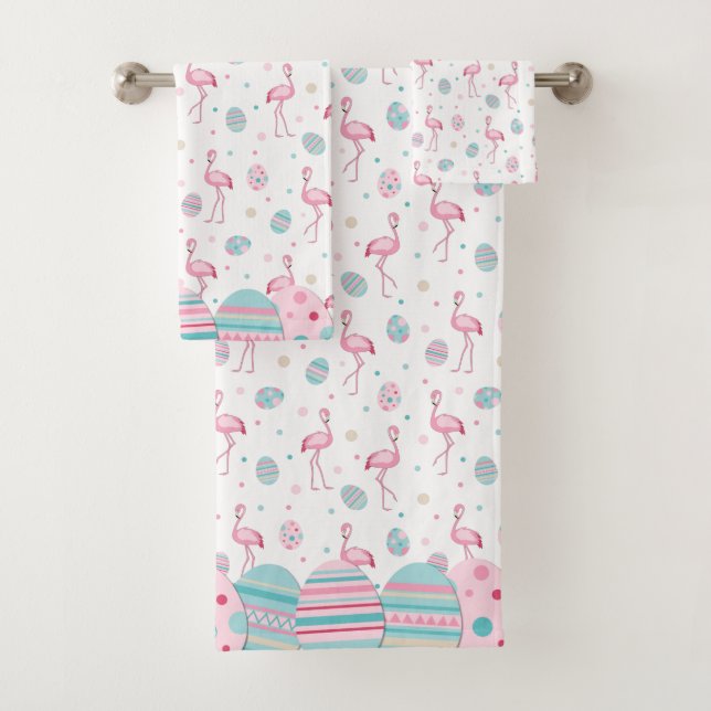Cute Easter flamingo & painted eggs pattern Bath Towel Set (Insitu)