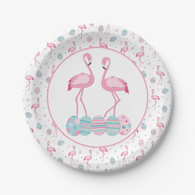 Cute Easter flamingo & painted eggs pattern Paper Plate (Front)