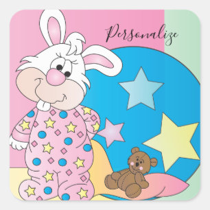Cute Easter Girl Bunny Bedtime Drawings Square Sticker