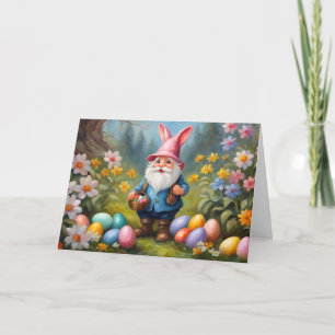 Cute Easter Gnome in Spring Garden Illustration Holiday Card