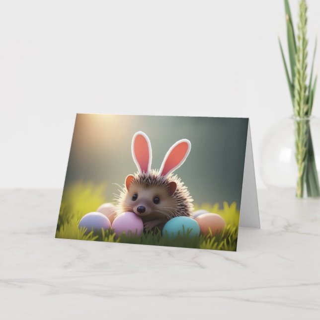 Cute Easter Hedgehog with Colored Eggs Card (Front)