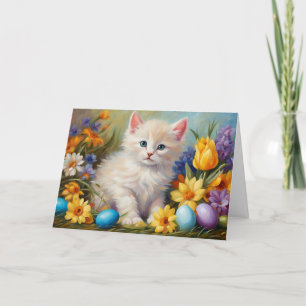 Cute Easter Kitten with Flowers and Easter Eggs  Holiday Card