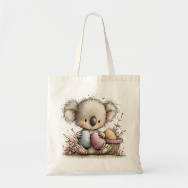 Cute Easter Koala Illustration with Pastel Eggs Tote Bag (Front)