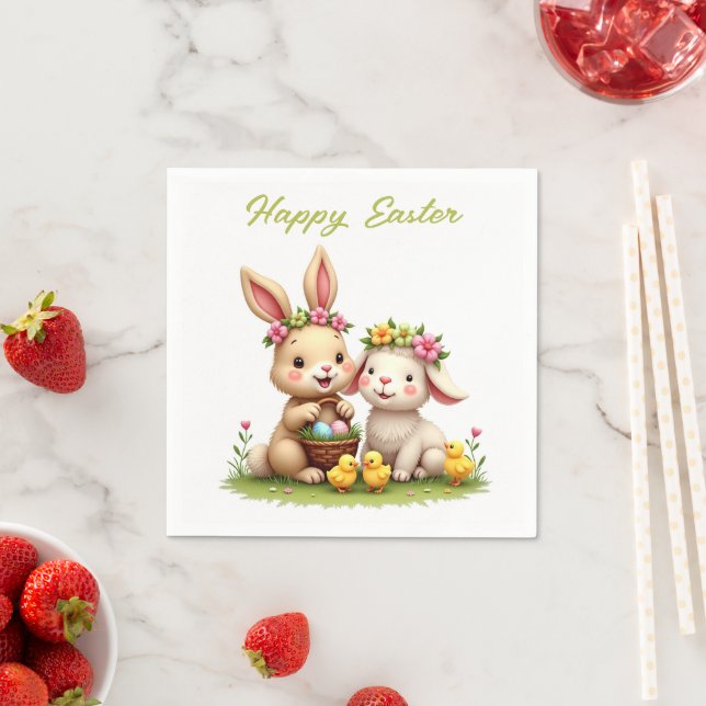 Cute Easter Lamb & Bunny | Spring Flowers & Chicks Napkin (Insitu)