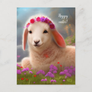 Cute easter lamb with flowers -  easter  postcard