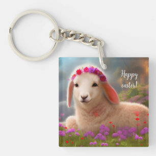 Cute easter lamb with flowers -   key ring