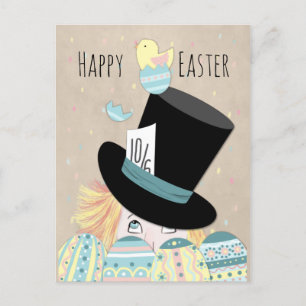 Cute Easter Mad Hatter Eggs and Chick Holiday Postcard