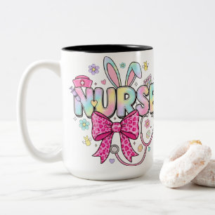 Cute Easter Nurse Pastel Bunny Ears Coquette Bow Two-Tone Coffee Mug