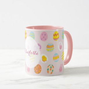 Cute Easter Painted Egg Pattern Pink Name Mug