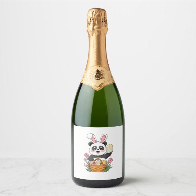 Cute Easter Panda Bunny Rabbit Easter Egg Basket P Sparkling Wine Label (Front)