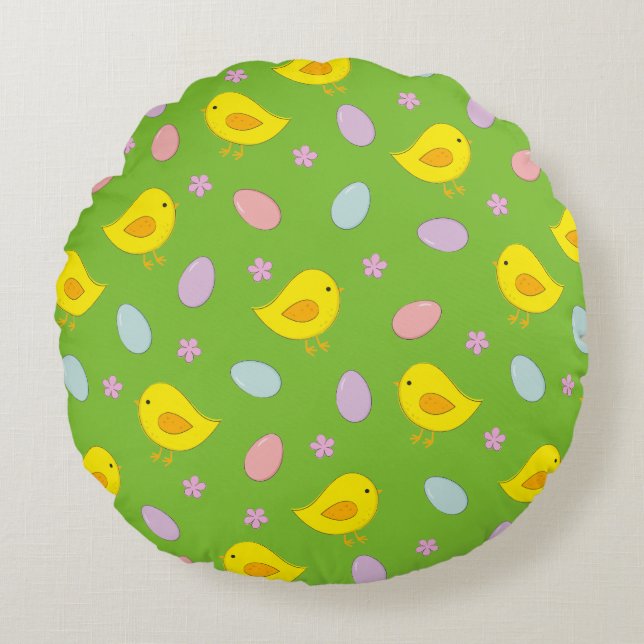 Cute Easter pattern Chickens Eggs Custom colour Round Cushion (Front)