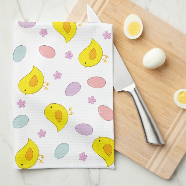 Cute Easter pattern Chickens Eggs Custom colour Tea Towel (Quarter Fold)