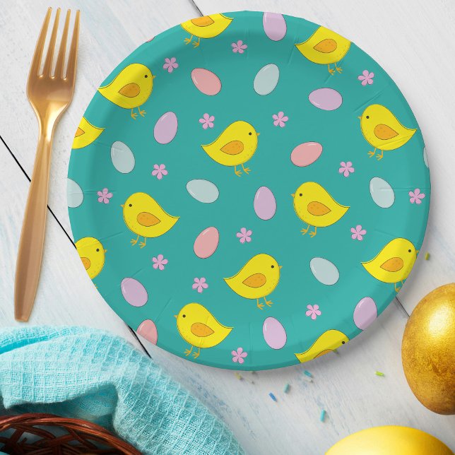 Cute Easter Pattern Chickens Eggs Teal Colour Fun Paper Plate (Creator Uploaded)