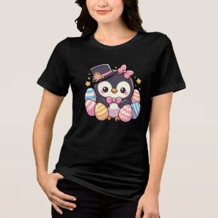 Cute Easter Penguin with Colourful Eggs Kawaii Tri-Blend Shirt