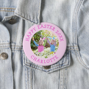 Cute Easter Photo With Girls Pink Name 10 Cm Round Badge