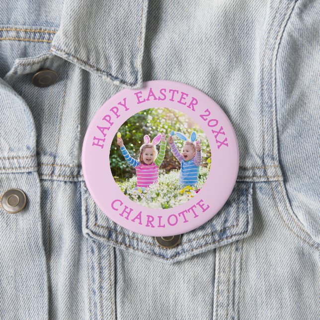 Cute Easter Photo With Girls Pink Name 10 Cm Round Badge (In Situ)