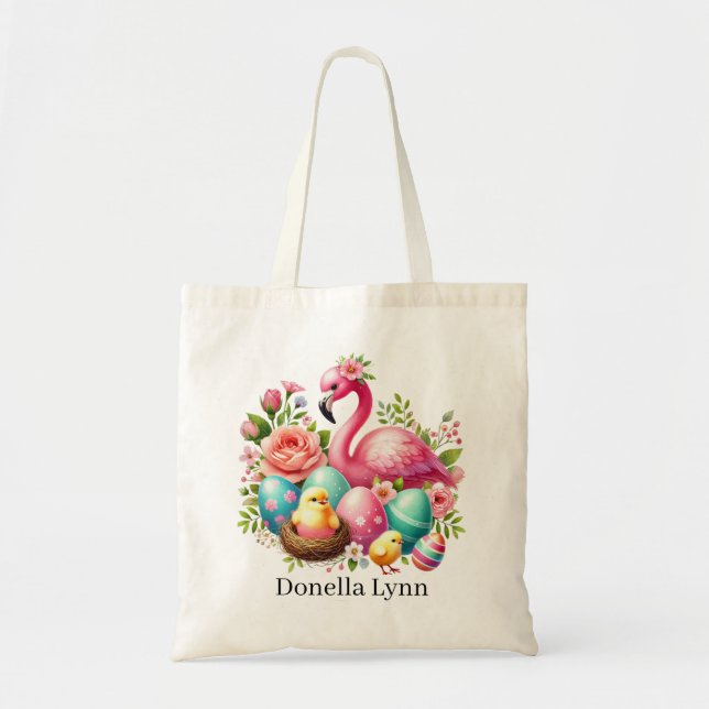 Cute Easter pink flamingo add name Tote Bag (Front)