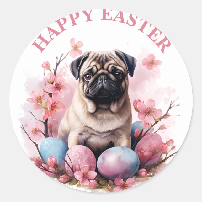 Cute Easter Pug Chocolate Eggs and Flowers -   Classic Round Sticker (Front)