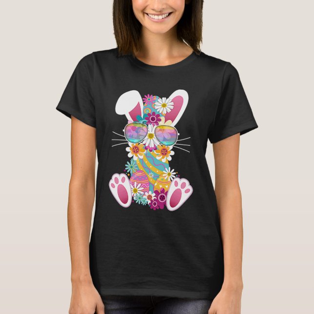Cute Easter Rabbit Dye Eggs Daises & Sunglasses T-Shirt (Front)