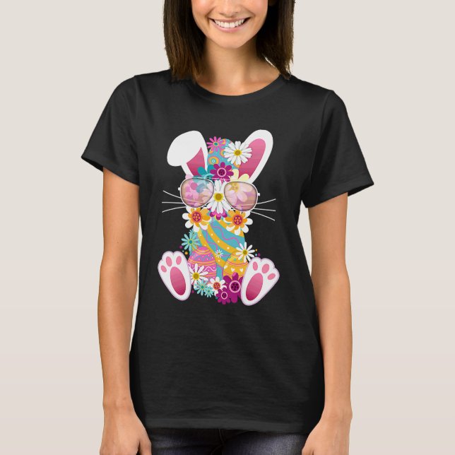 Cute Easter Rabbit Dye Eggs Daises & Sunglasses T-Shirt (Front)