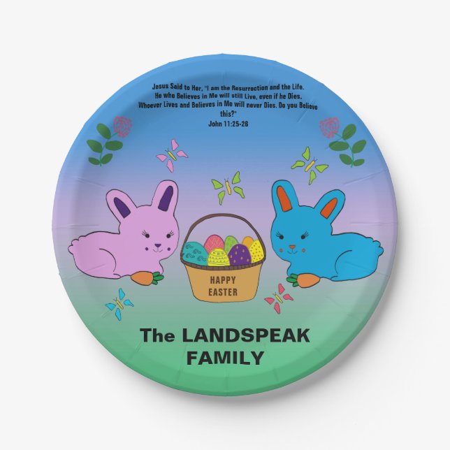 Cute Easter Rabbit, Egg Basket & Bible Quotation Paper Plate (Front)