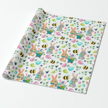 Cute Easter rabbit, eggs and bee wrapping paper