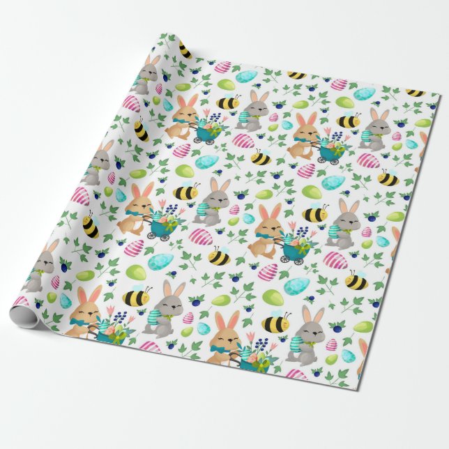 Cute Easter rabbit, eggs and bee wrapping paper (Unrolled)