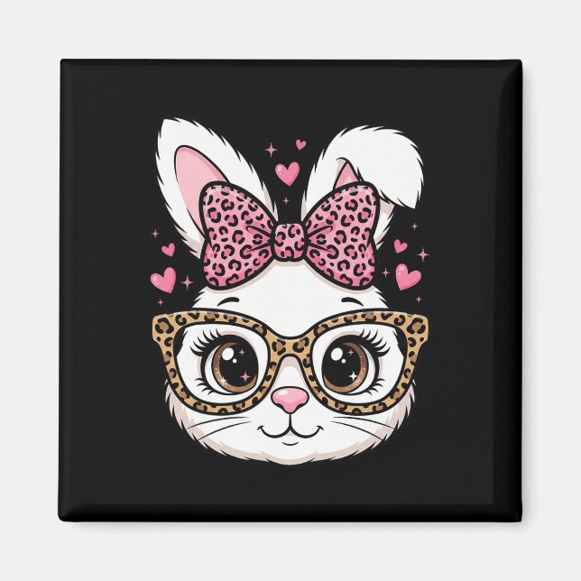 Cute Easter Rabbit Face Leopard Bow Sungles Bunny  Magnet (Front)