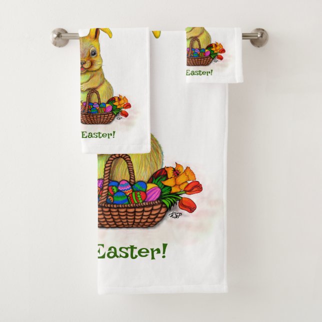 Cute Easter Rabbit with Eggs and Flowers Bath Towel Set (Insitu)