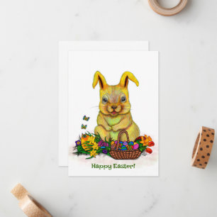Cute Easter Rabbit with Eggs and Flowers Card