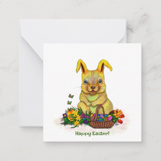 Cute Easter Rabbit with Eggs and Flowers Card (Front)