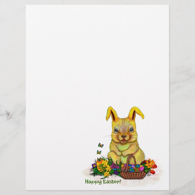 Cute Easter Rabbit with Eggs and Flowers Custom Letterhead (Front)