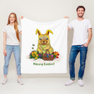 Cute Easter Rabbit with Eggs and Flowers Fleece Blanket